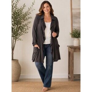 Women's Cato Cardigan Open Draped Waterfall Boho Lagenlook Size L Dark Green